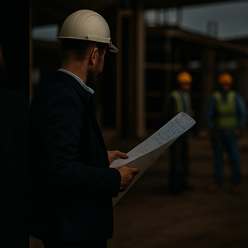 Byggeplads med håndværkere, planlægning og tilsyn