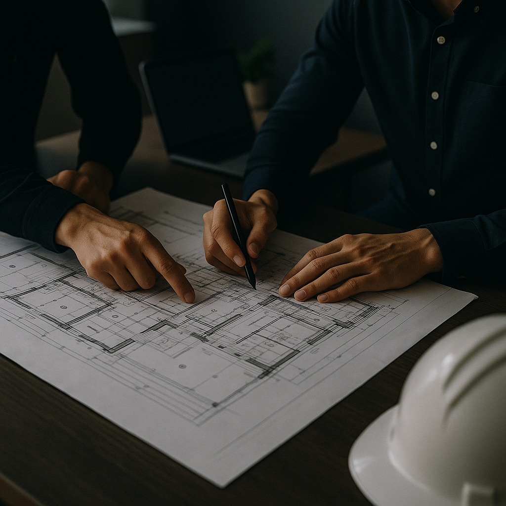Bygherrerådgiver og bygherre i dialog over plantegninger