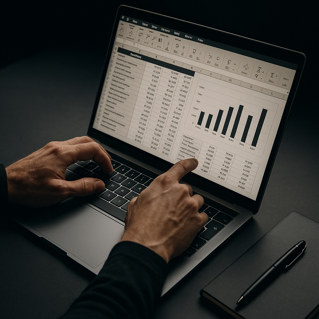 Hænder på tastatur med Excel-ark og nøgletal for byggeøkonomi